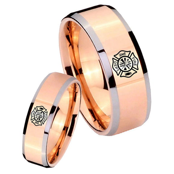 His Hers Fire Department Beveled Rose Gold Tungsten Men's Engagement Ring Set