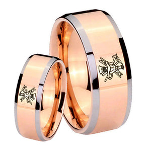 His Hers Fireman Beveled Edges Rose Gold Tungsten Mens Wedding Band Set