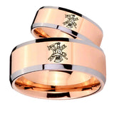 His Hers Fireman Beveled Edges Rose Gold Tungsten Mens Wedding Band Set