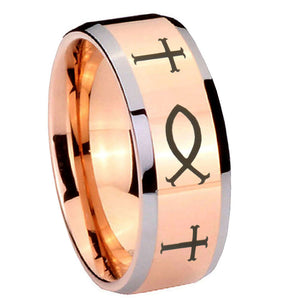 10mm Fish & Cross Beveled Edges Rose Gold Tungsten Carbide Men's Ring