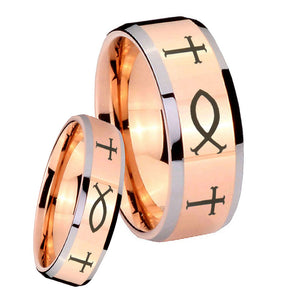 His Hers Fish & Cross Beveled Edges Rose Gold Tungsten Mens Promise Ring Set