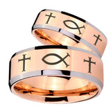 His Hers Fish & Cross Beveled Edges Rose Gold Tungsten Mens Promise Ring Set