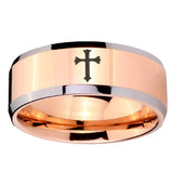 10mm Flat Christian Cross Beveled Edges Rose Gold Tungsten Mens Ring Engraved