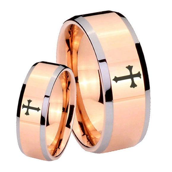 His Hers Flat Christian Cross Beveled Rose Gold Tungsten Men's Promise Rings Set