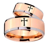 His Hers Flat Christian Cross Beveled Rose Gold Tungsten Men's Promise Rings Set