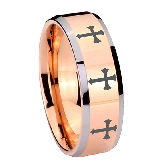10mm Multiple Christian Cross Beveled Rose Gold Tungsten Mens Ring Personalized
