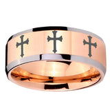 10mm Multiple Christian Cross Beveled Rose Gold Tungsten Mens Ring Personalized