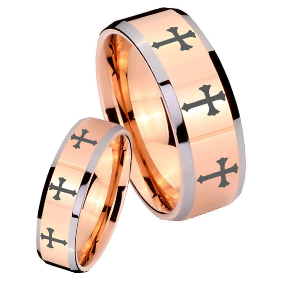 His Hers Multiple Christian Cross Beveled Edges Rose Gold Tungsten Mens Ring Set