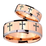 His Hers Multiple Christian Cross Beveled Edges Rose Gold Tungsten Mens Ring Set