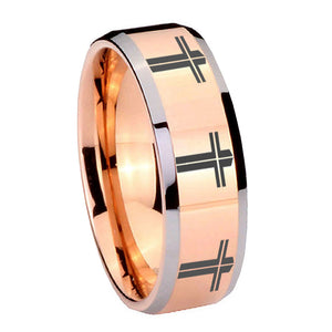 10mm Multiple Christian Cross Beveled Rose Gold Tungsten Men's Wedding Band