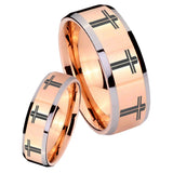 His Hers Multiple Christian Cross Beveled Rose Gold Tungsten Ring Set