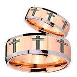 His Hers Multiple Christian Cross Beveled Rose Gold Tungsten Ring Set