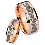 His Hers Etched Tribal Pattern Beveled Rose Gold Tungsten Men's Ring Set