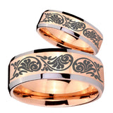 His Hers Etched Tribal Pattern Beveled Rose Gold Tungsten Men's Ring Set