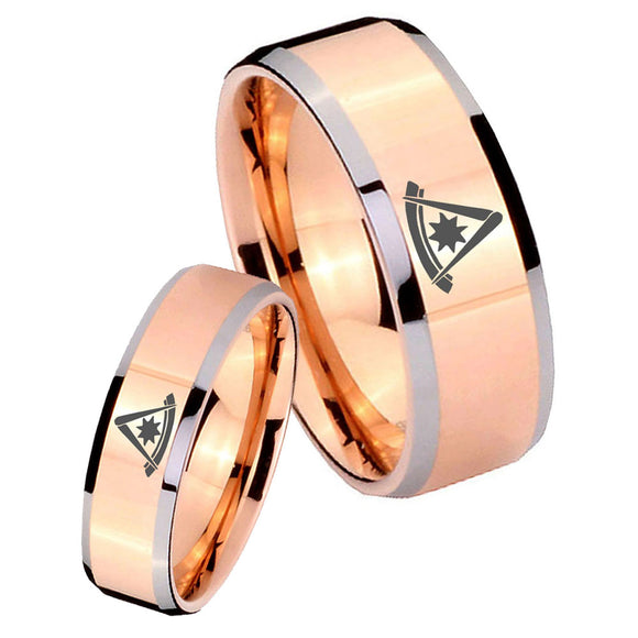 His Hers Pester Master Masonic Beveled Rose Gold Tungsten Men's Band Ring Set