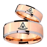 His Hers Pester Master Masonic Beveled Rose Gold Tungsten Men's Band Ring Set