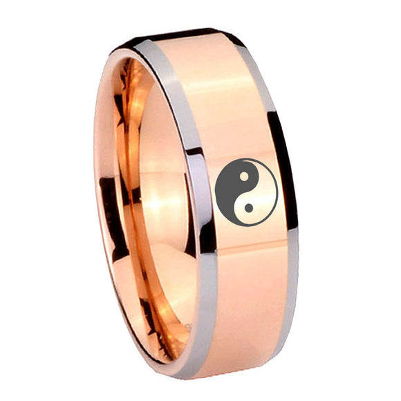 10mm Yin Yang Beveled Edges Rose Gold Tungsten Carbide Mens Promise Ring