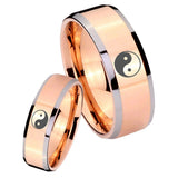 His Hers Yin Yang Beveled Edges Rose Gold Tungsten Men's Engagement Band Set