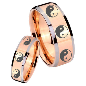 His Hers Multiple Yin Yang Beveled Rose Gold Tungsten Mens Engagement Ring Set