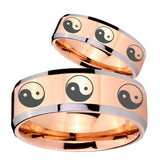 His Hers Multiple Yin Yang Beveled Rose Gold Tungsten Mens Engagement Ring Set