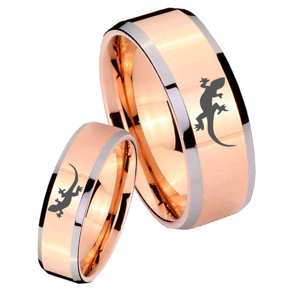 His Hers Lizard Beveled Edges Rose Gold Tungsten Men's Engagement Ring Set