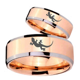 His Hers Lizard Beveled Edges Rose Gold Tungsten Men's Engagement Ring Set