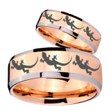 His Hers Multiple Lizard Beveled Edges Rose Gold Tungsten Mens Promise Ring Set