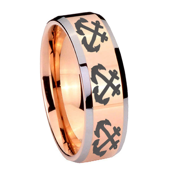 10mm Multiple Anchor Beveled Edges Rose Gold Tungsten Mens Ring Personalized