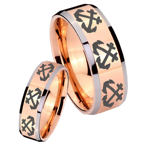 His Hers Multiple Anchor Beveled Edges Rose Gold Tungsten Mens Ring Set