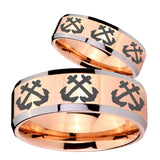 His Hers Multiple Anchor Beveled Edges Rose Gold Tungsten Mens Ring Set