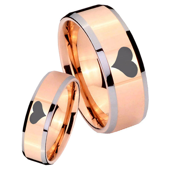 His and Hers Heart Beveled Edges Rose Gold Tungsten Personalized Ring Set