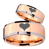 His and Hers Heart Beveled Edges Rose Gold Tungsten Personalized Ring Set