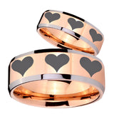 His Hers Multiple Heart Beveled Edges Rose Gold Tungsten Promise Ring Set