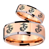 His Hers Multiple Marine Beveled Edges Rose Gold Tungsten Men's Ring Set