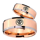 His and Hers Skull Beveled Edges Rose Gold Tungsten Mens Ring Engraved Set