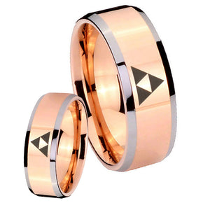 His Hers Zelda Triforce Beveled Edges Rose Gold Tungsten Men's Wedding Band Set