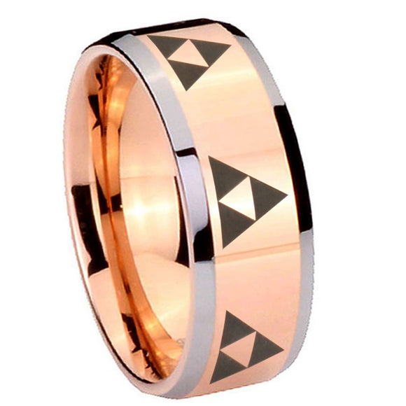 10mm Multiple Zelda Triforce Beveled Edges Rose Gold Tungsten Promise Ring