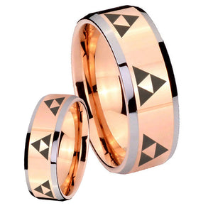 His Hers Multiple Zelda Triforce Beveled Rose Gold Tungsten Mens Ring Set