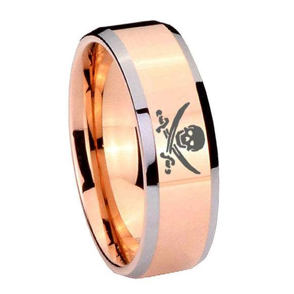 10mm Skull Pirate Beveled Edges Rose Gold Tungsten Carbide Anniversary Ring