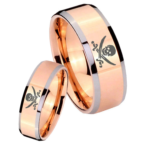 His Hers Skull Pirate Beveled Edges Rose Gold Tungsten Wedding Bands Ring Set