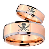 His Hers Skull Pirate Beveled Edges Rose Gold Tungsten Wedding Bands Ring Set
