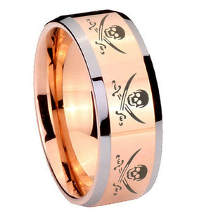 10mm Multiple Skull Pirate Beveled Edges Rose Gold Tungsten Rings for Men