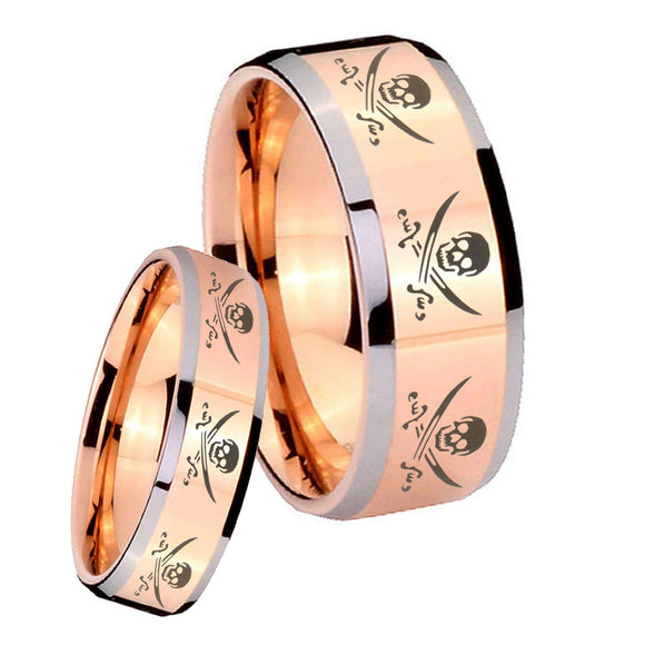 His Hers Multiple Skull Pirate Beveled Rose Gold Tungsten Men's Wedding Ring Set