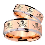 His Hers Multiple Skull Pirate Beveled Rose Gold Tungsten Men's Wedding Ring Set