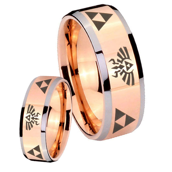 His Hers Legend of Zelda Beveled Edges Rose Gold Tungsten Personalized Ring Set