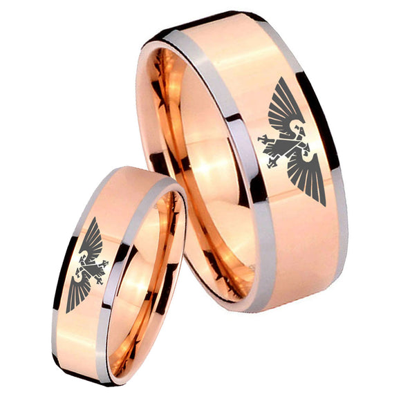 His and Hers Aquila Beveled Edges Rose Gold Tungsten Mens Wedding Ring Set