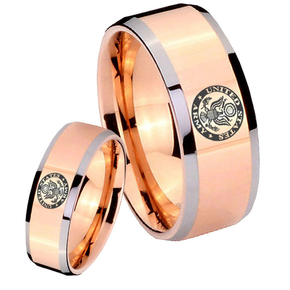 His Hers U.S. Army Beveled Edges Rose Gold Tungsten Rings for Men Set