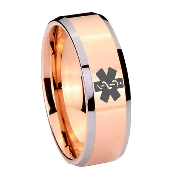 10mm Medical Alert Beveled Edges Rose Gold Tungsten Carbide Rings for Men