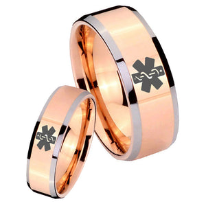 His Hers Medical Alert Beveled Edges Rose Gold Tungsten Men's Wedding Ring Set