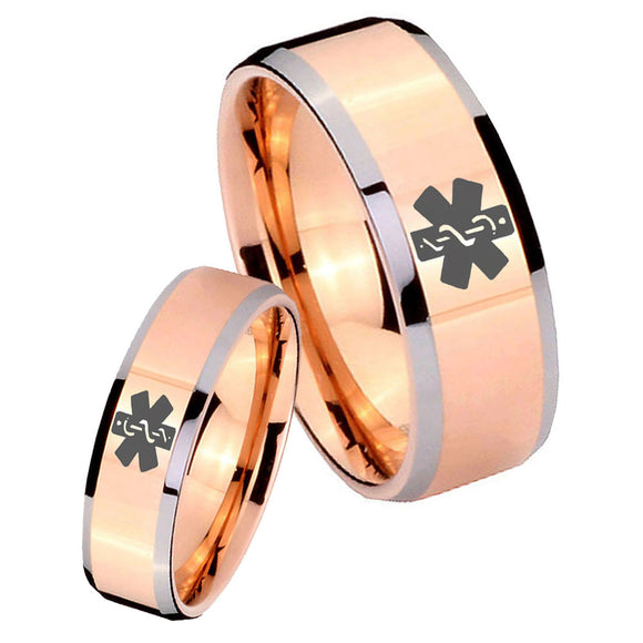 His Hers Medical Alert Beveled Edges Rose Gold Tungsten Men's Wedding Ring Set